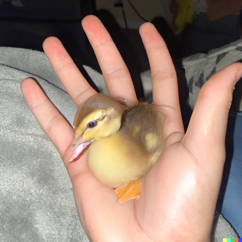 Prompt: A tiny duckling standing on someone’s hand 