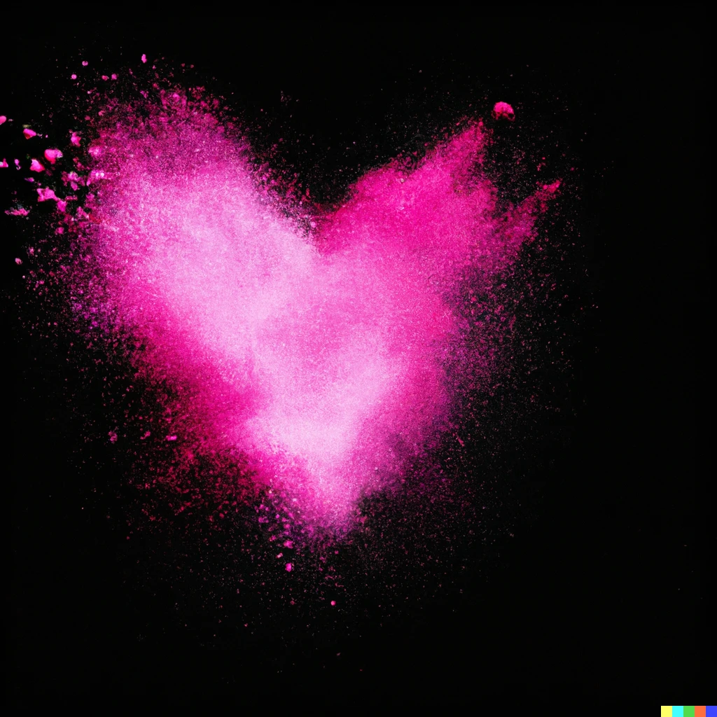 Prompt: an explosion of pink colored powder in the shape of a heart against a black background