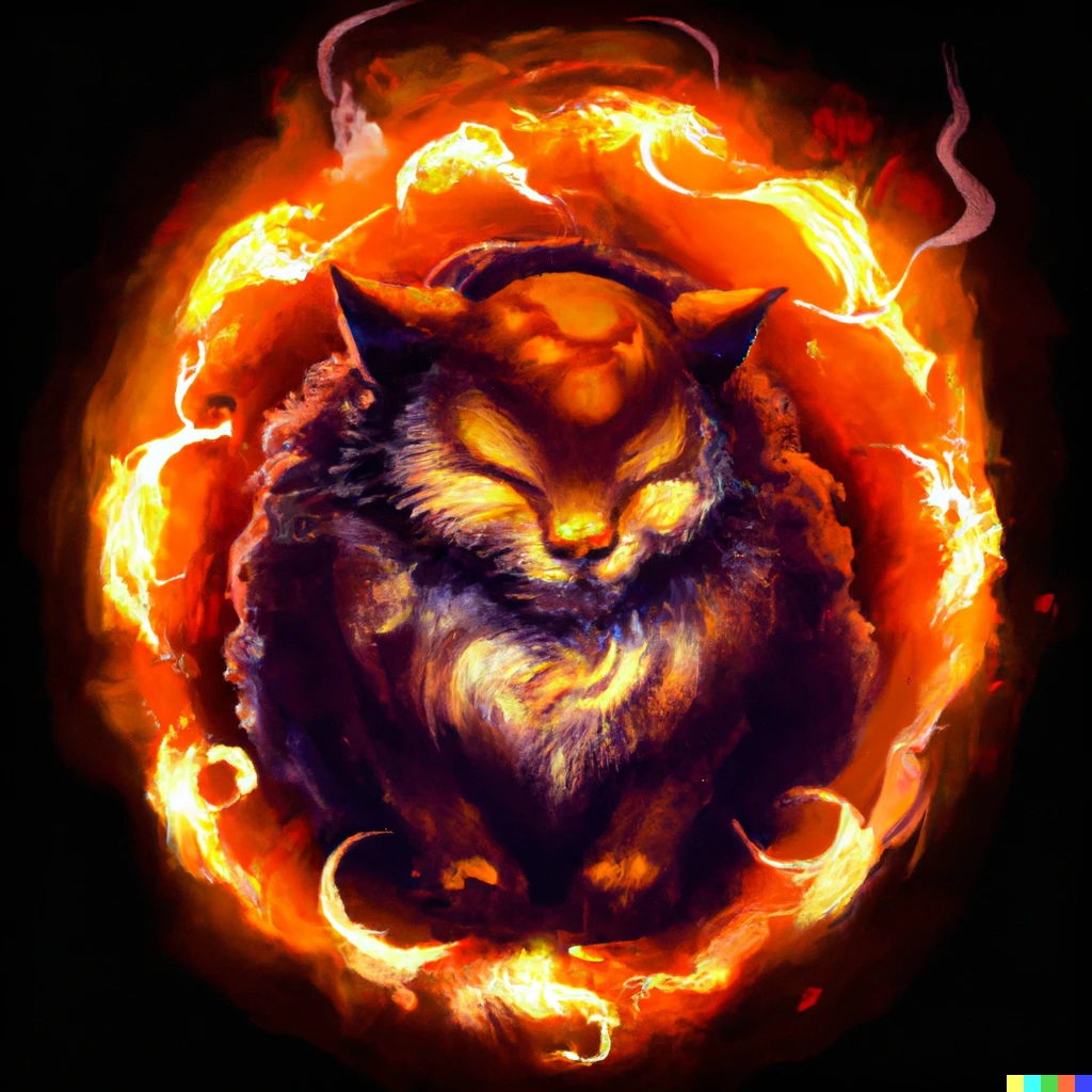 Prompt: A cat made of fire with fire magic all around him, digital art