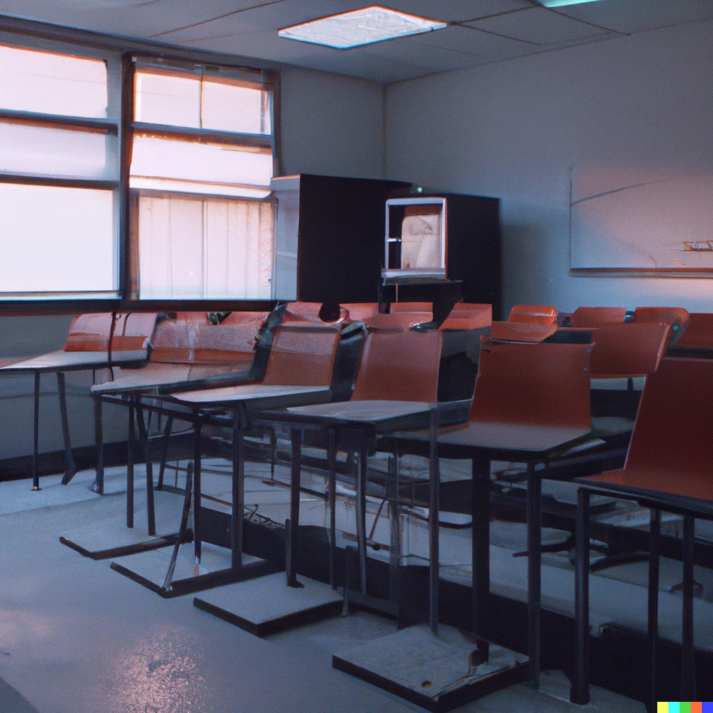 Prompt: VHS Footage of an abandoned liminal classroom
