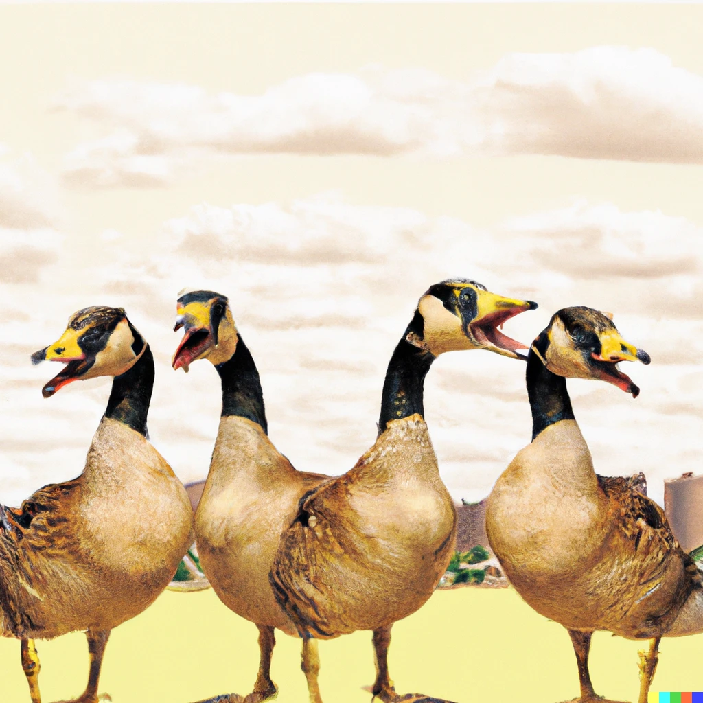 Prompt: Four ducks posing aggressively like rappers on an album cover against a backdrop of city made of cream.