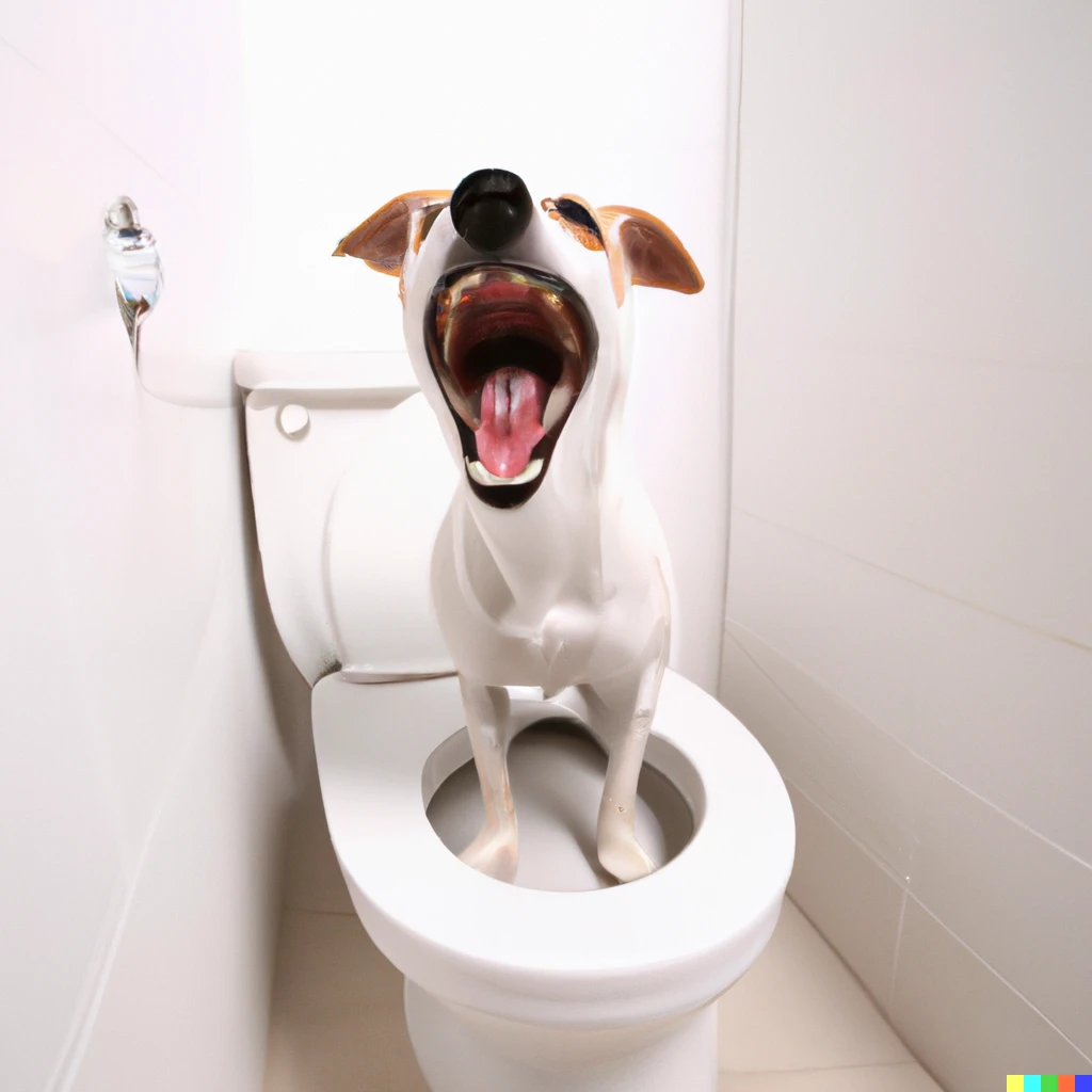 Prompt: A dog screaming at a toilet, photography