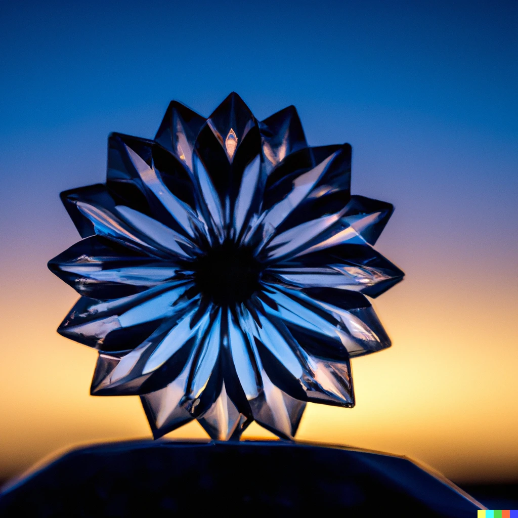 Prompt: The last sunlight of the day reflected through a crystal flower, futuristic