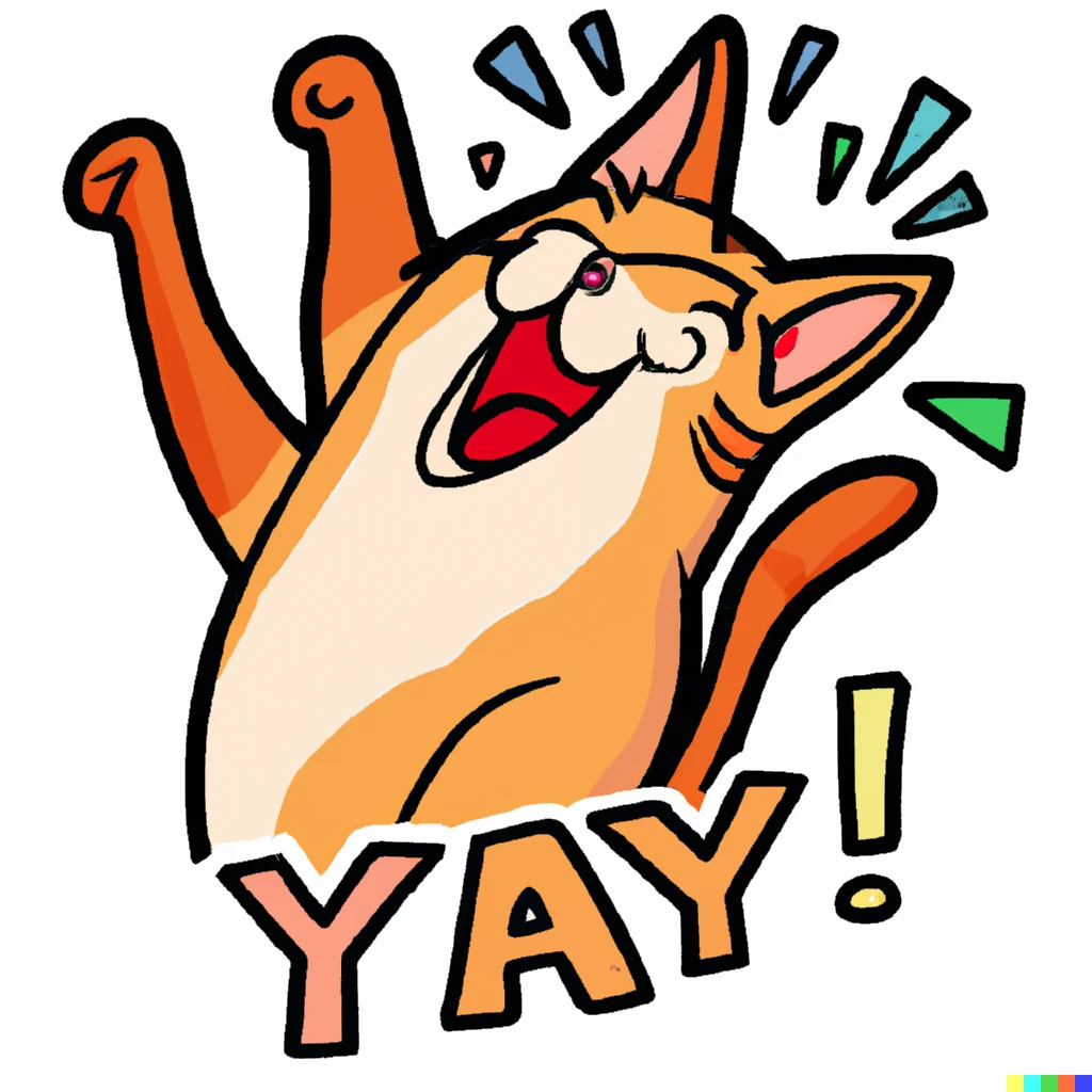 Prompt: Sticker design of an orange tabby cat partying, with the word "YAY!"