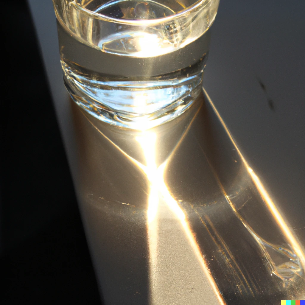 Prompt: Sunlight shining through a glass of water, photography