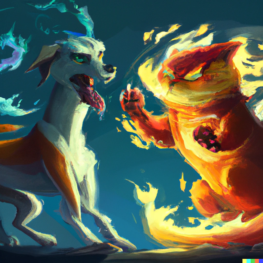 Prompt: An anthropomorphic dog made of water magic and an anthropomorphic cat made of fire magic getting ready to have an epic anime battle, digital art 