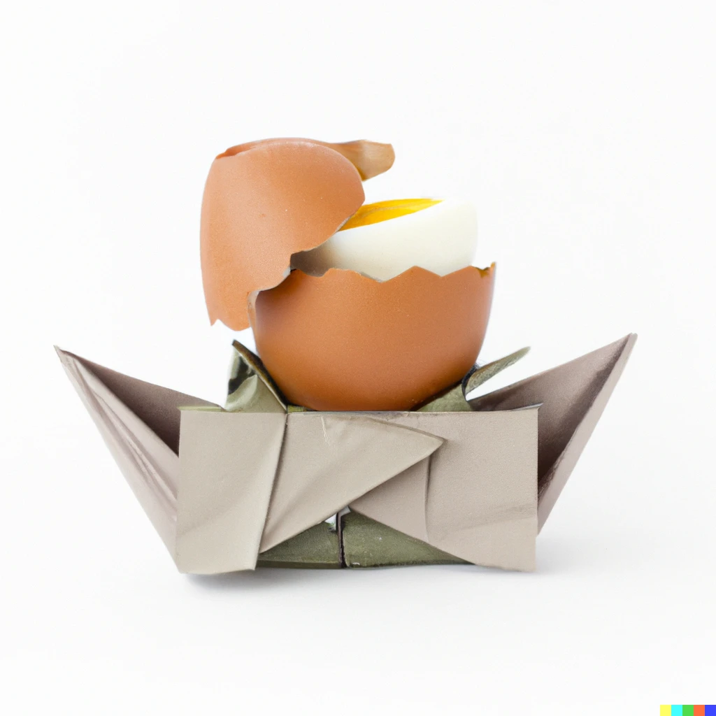 Prompt: an origami rotten egg and scrap metal sandwich