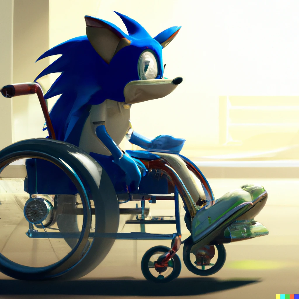 Prompt: Sonic the Hedgehog looking sad in a wheelchair, digital art