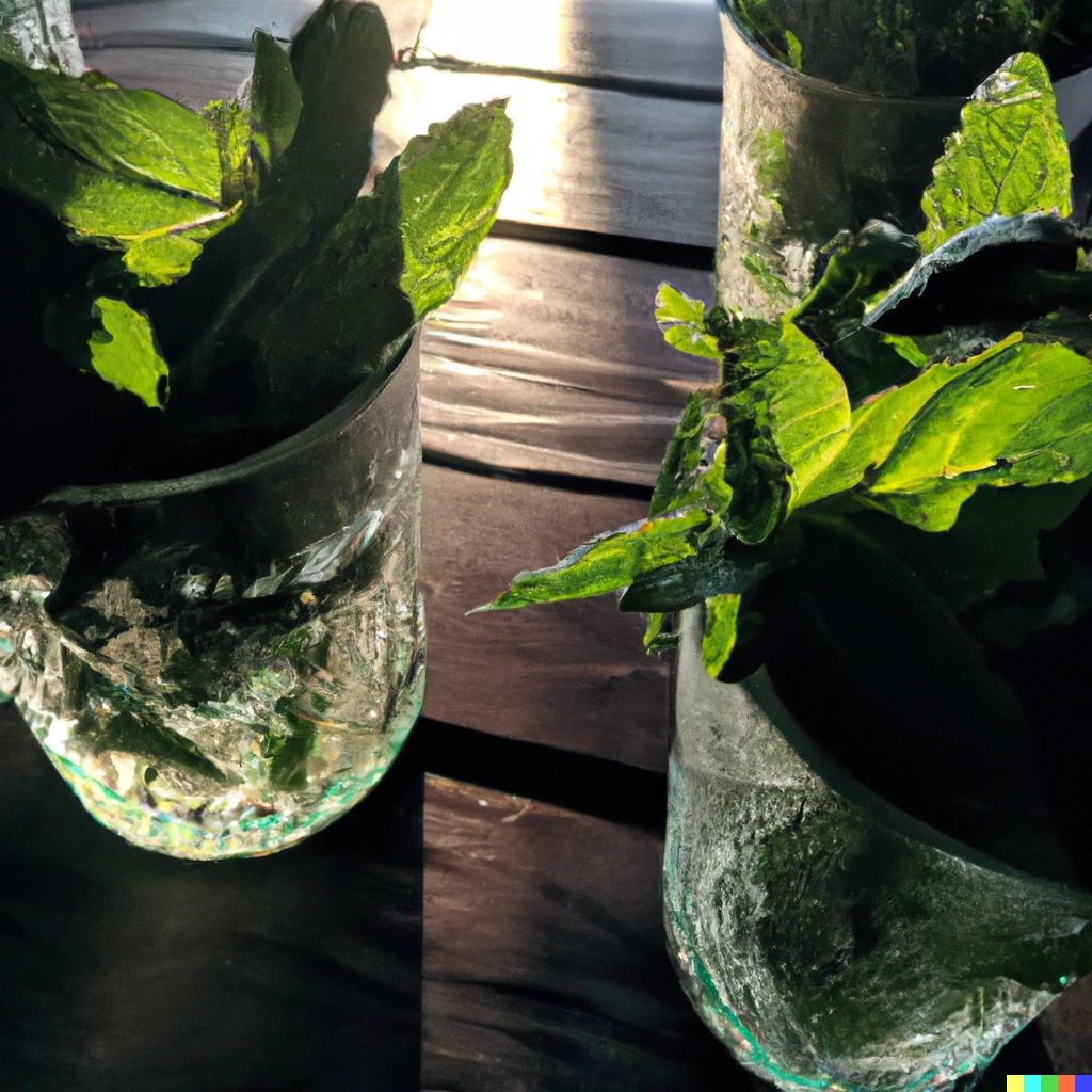 Prompt: Light shining through mint juleps