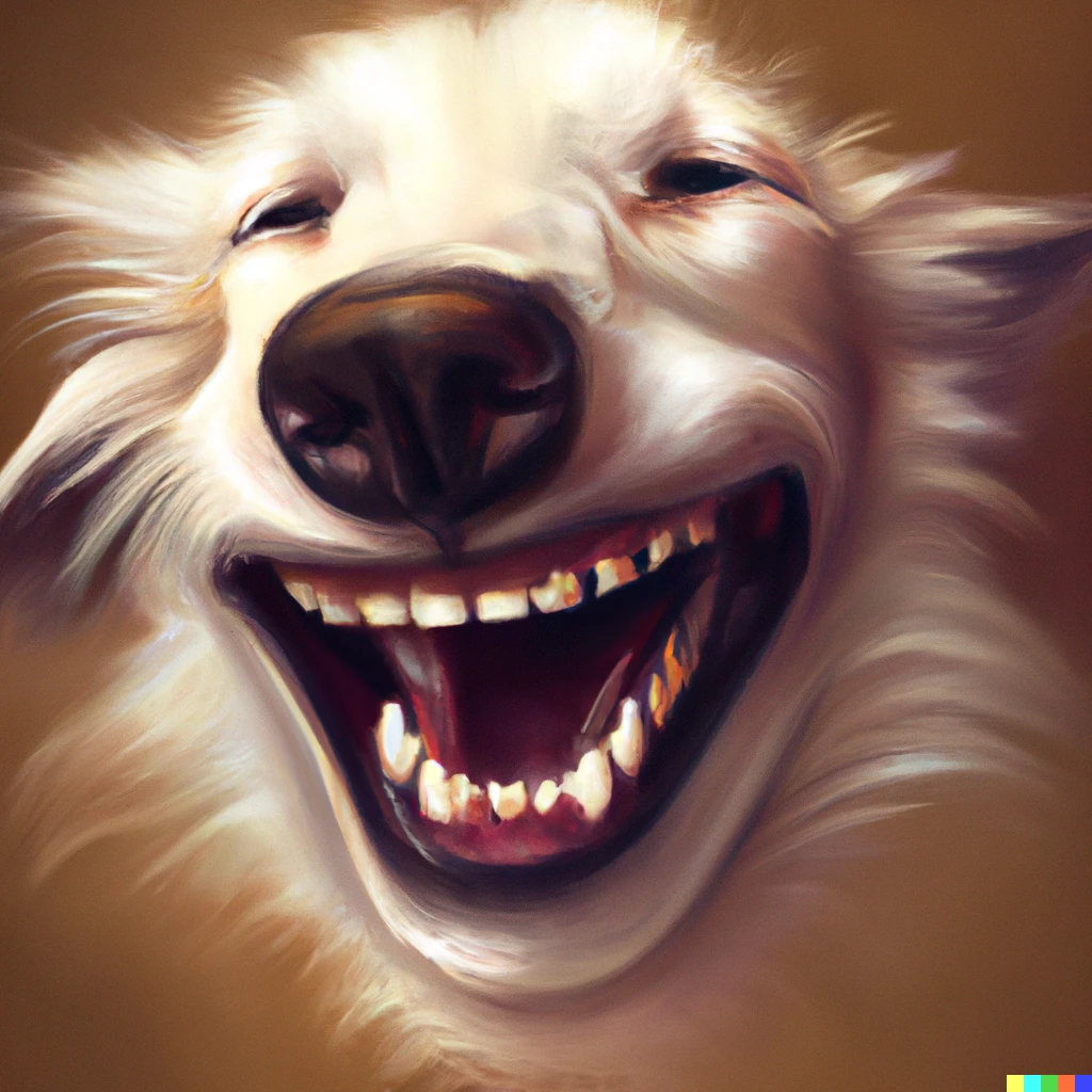 Prompt: A dog smiling with human teeth, digital art