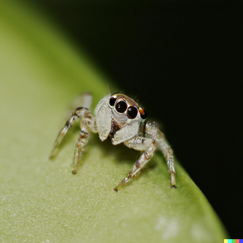 Prompt: Photograph of a very cute baby jumping spider, macro photography