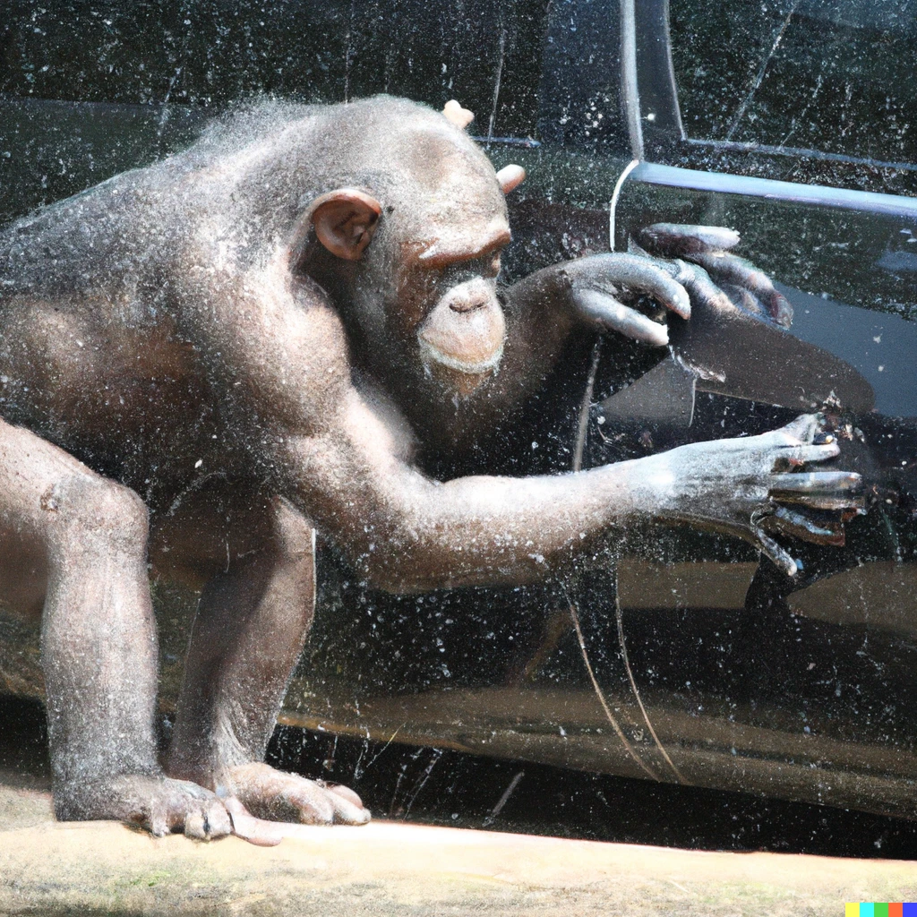 Prompt: A chimpanzee washing a car
