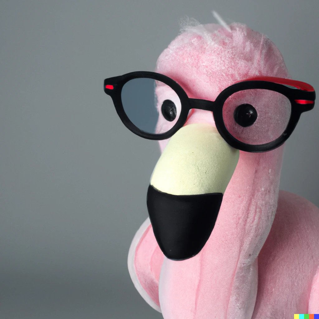 Prompt: A plush toy flamingo with circle rim glasses against a grey background, photography 