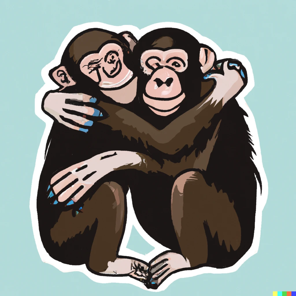 Prompt: Two chimpanzees hugging, sticker illustration