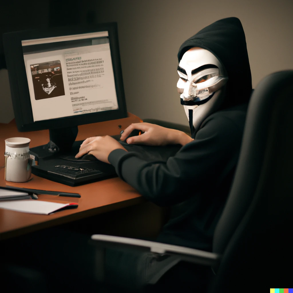 Prompt: A man in a Guy Fawkes mask typing on his computer in a sneaky manner, digital art