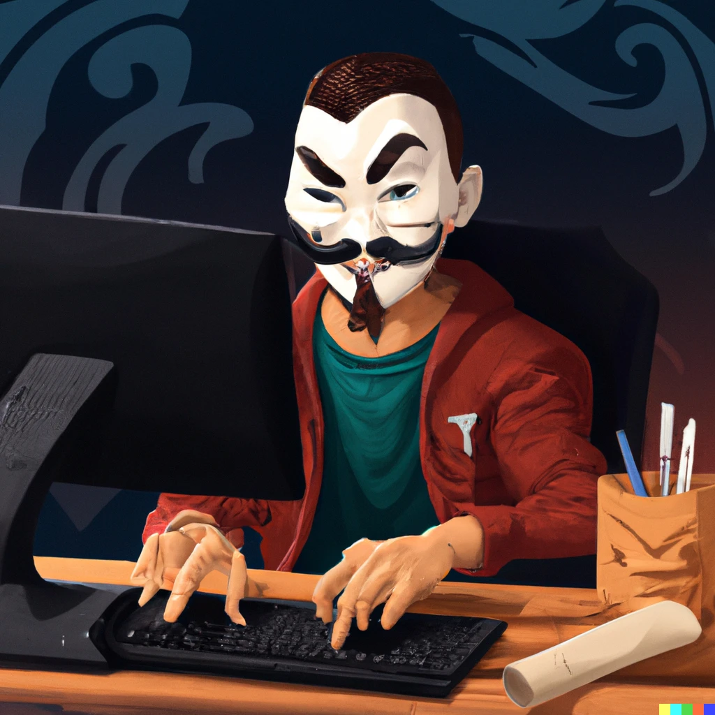 Prompt: A man in a Guy Fawkes mask typing on his computer in a sneaky manner, digital art