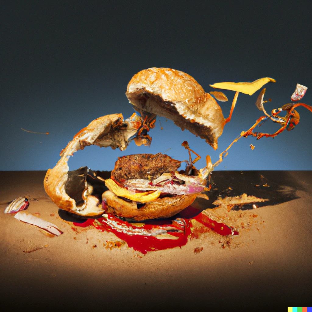 Prompt: product photo for a hamburger falling apart and hitting the ground, studio lighting