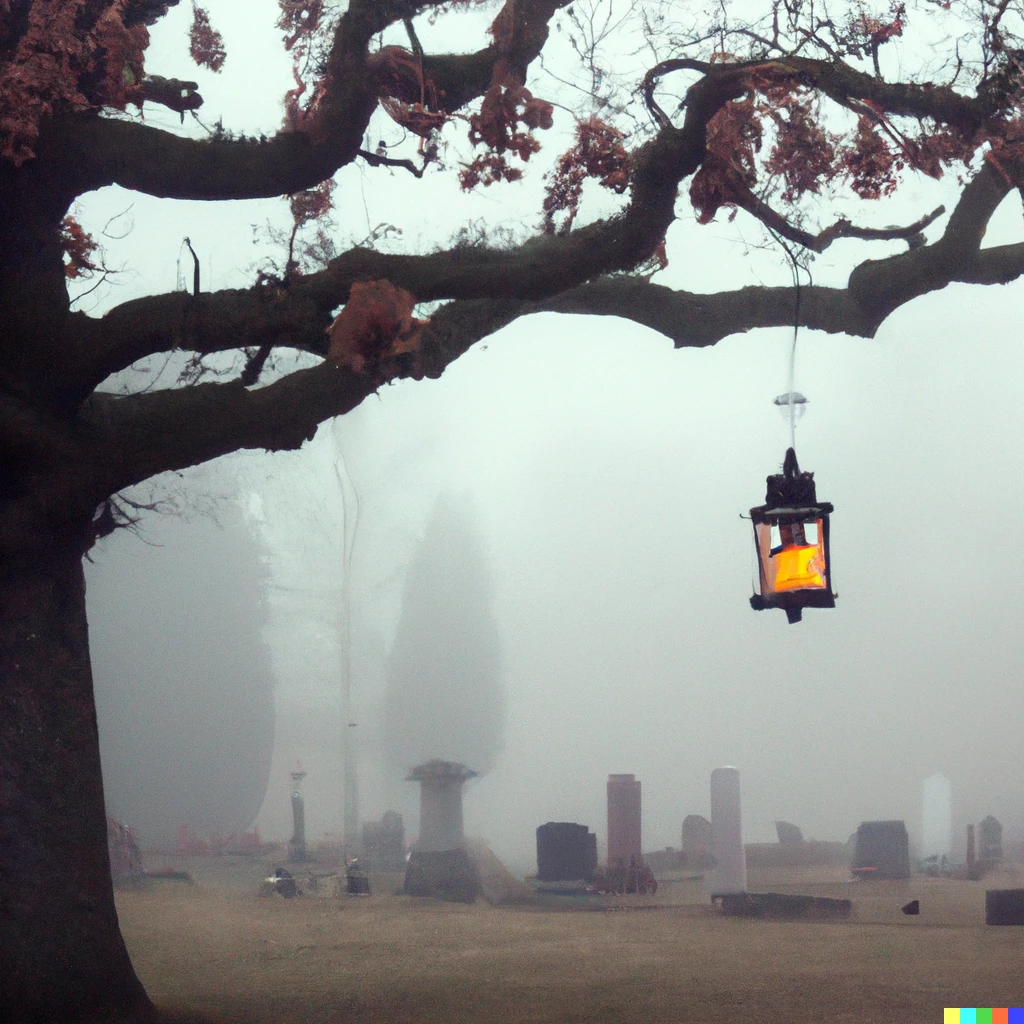 Prompt: A lantern hanging from a tree in a foggy graveyard