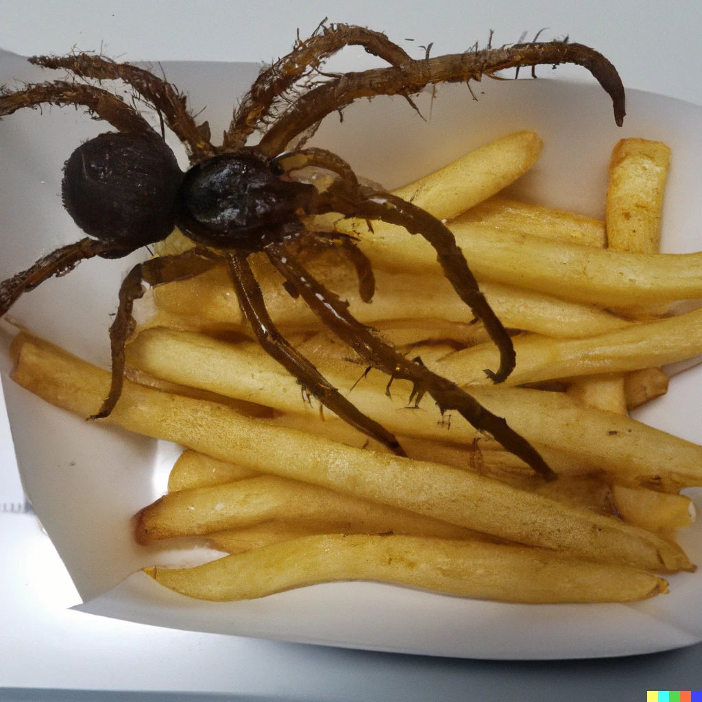 Prompt: Deep fried spider with a side of fries, McDonald's meal