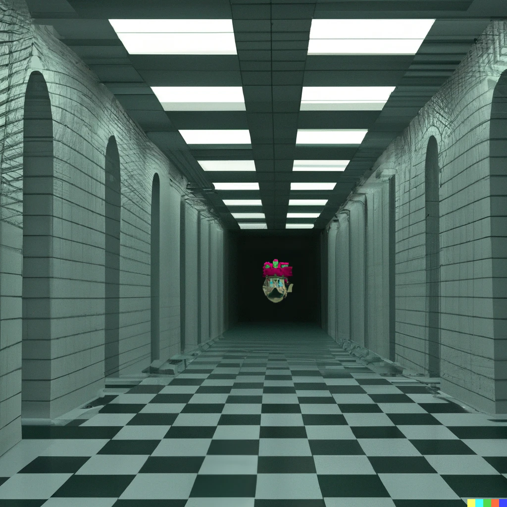 Prompt: mario 64 strange hallway level, with a glowing glitchy mario face in the darkness