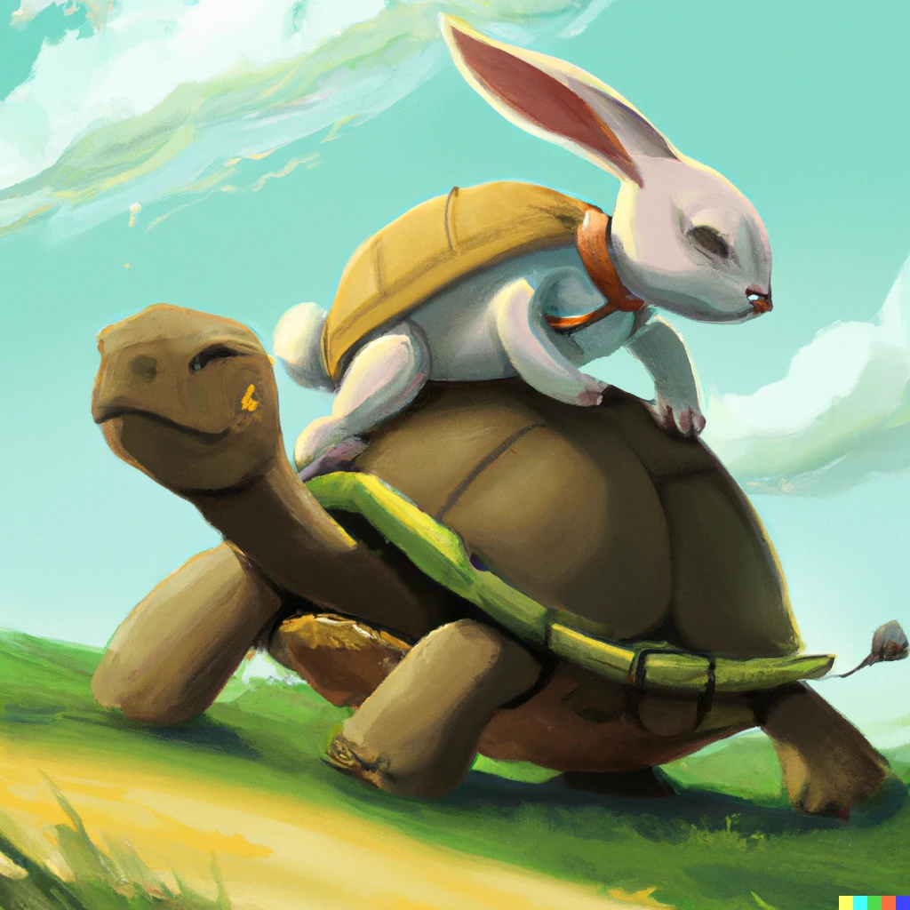 Prompt: A hare is sitting on the back of a large tortoise as it slowly walks towards a finish line, digital art