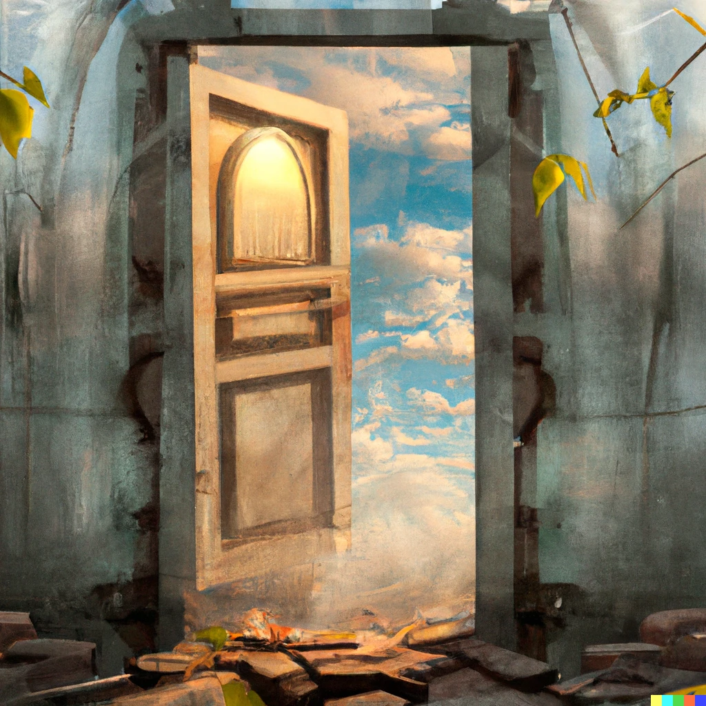 Prompt: A open door in a dilapidated building, through the door a fantasy utopia can be seen, photography