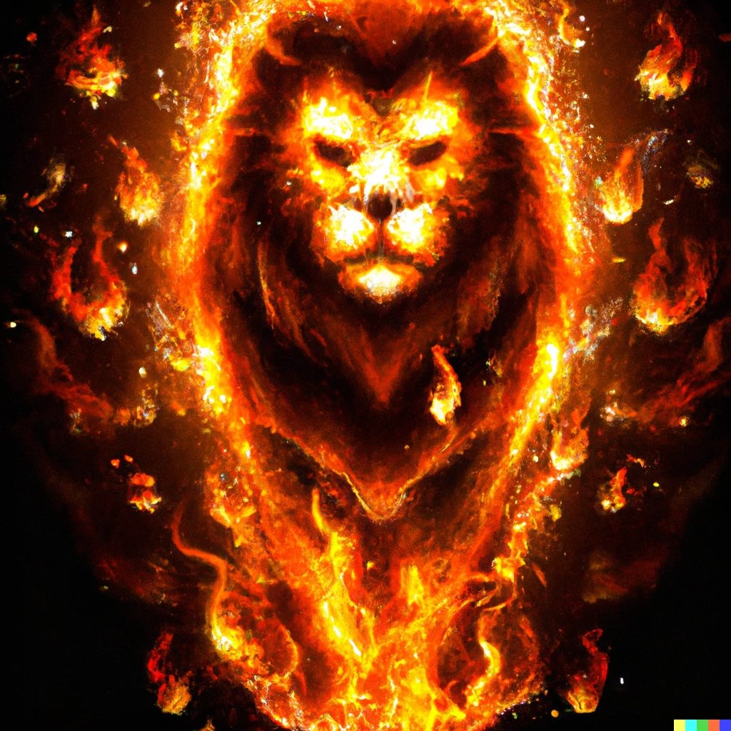 Prompt: A lion made of fire with fire magic all around him, digital art