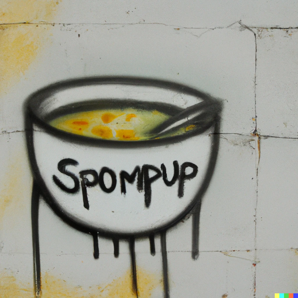 Prompt: A bowl of soup that is also omnipotent spray painted on a wall
