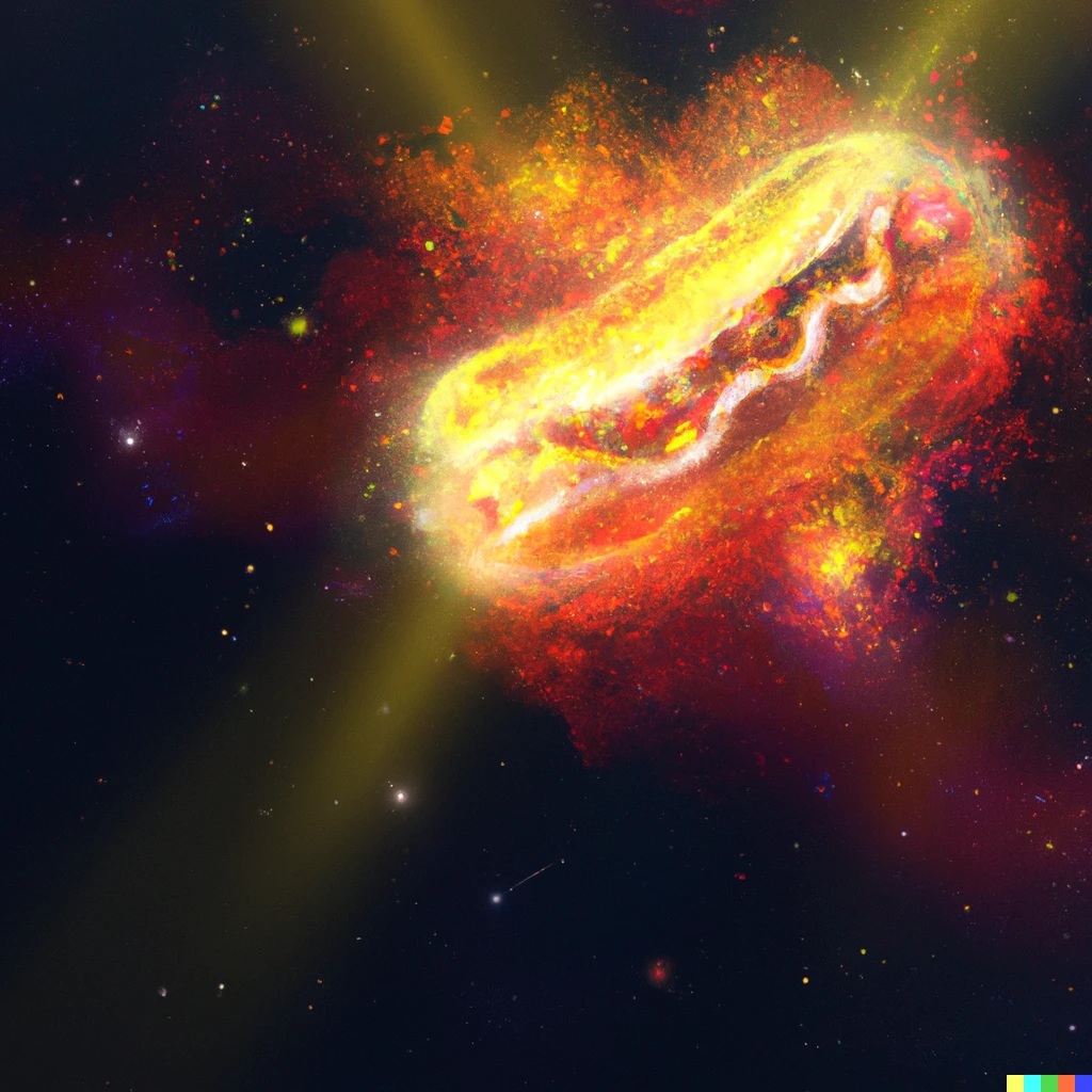 Prompt: A nebula in the shape of a hot dog, with gamma ray bursts in the shape of ketchup and mustard, digital art
