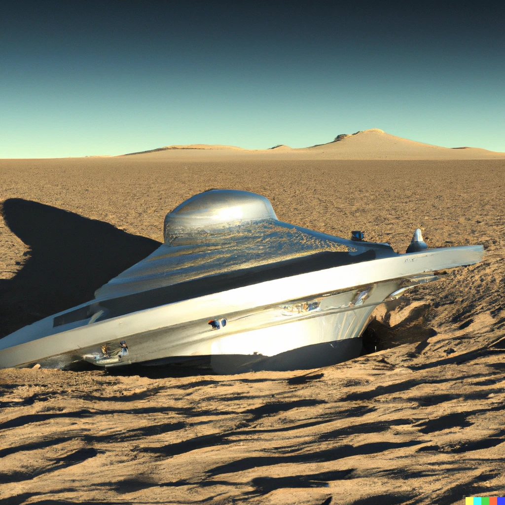Prompt: An alien spaceship crashed in a desert