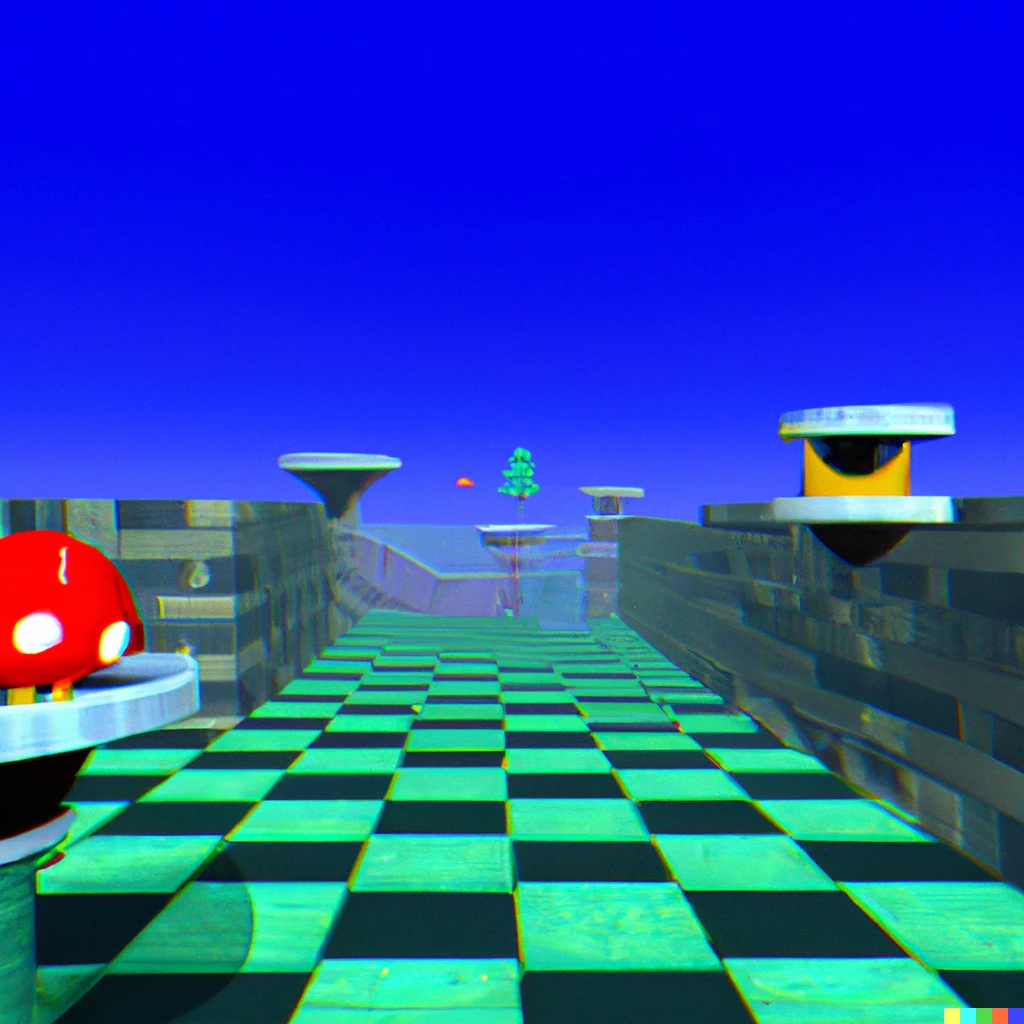 Prompt: A screenshot of a glitchy level from Super Mario 64