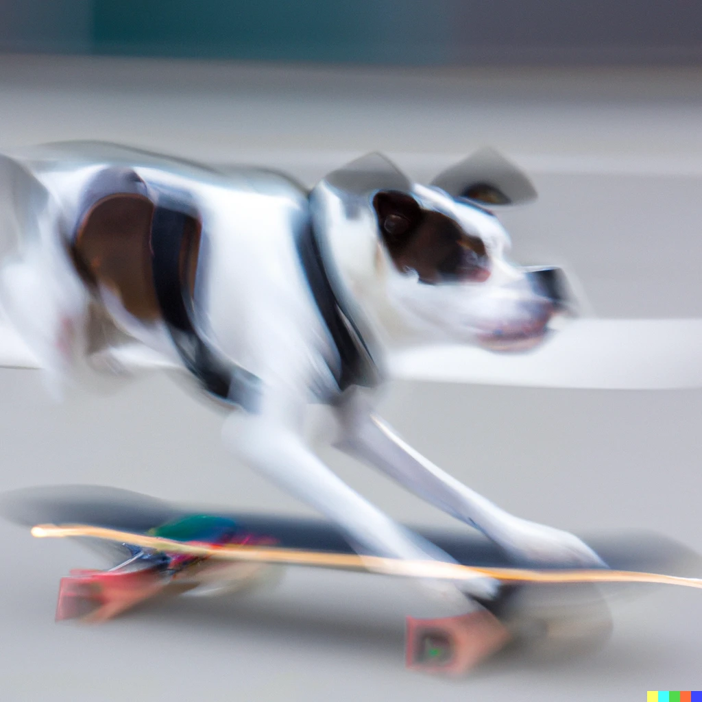 Prompt: a dog on a skateboard going extremely fast across the screen, motion blurred