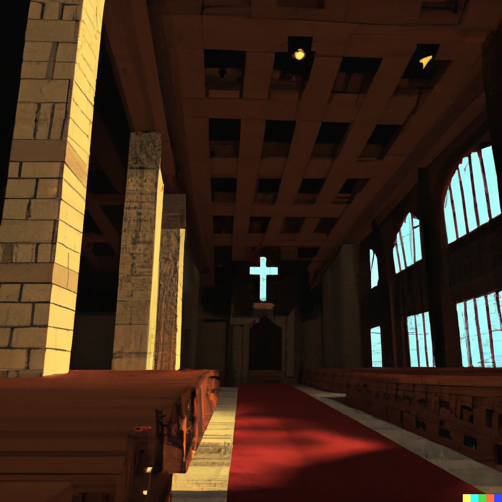 Prompt: The interior of a church made in Minecraft