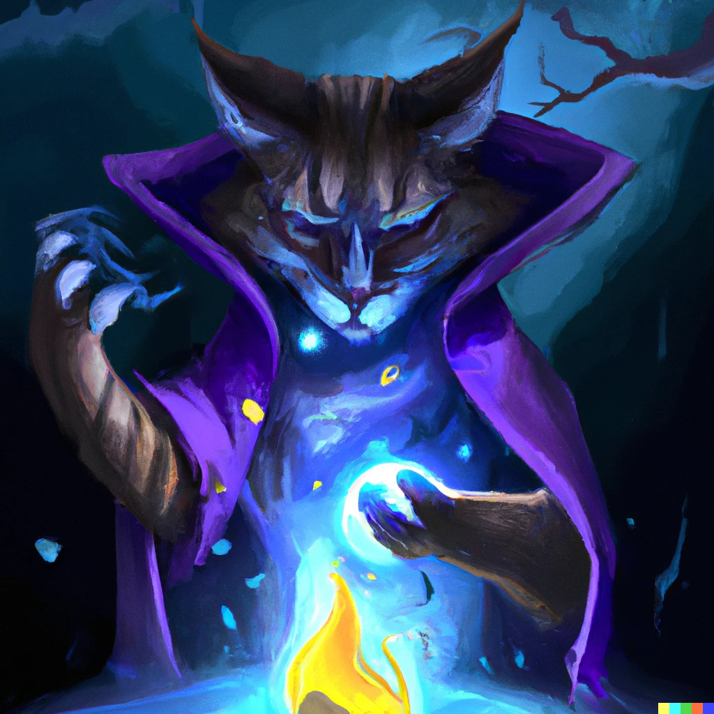 Prompt: an anthropomorphic cat casting dark magic, digital art
