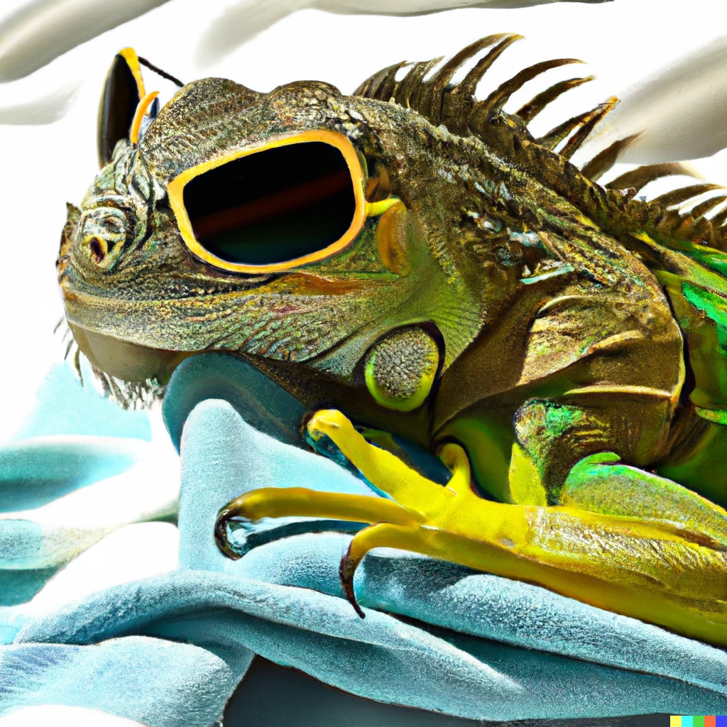 Prompt: Iguana on a Beach Towel With Sunglasses in a photorealistic style