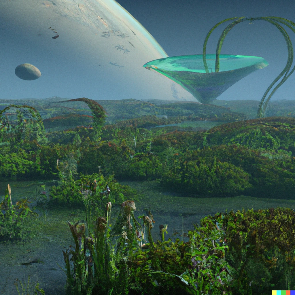 Prompt: A terraformed Moon, with alien vegetation growing and alien fauna grazing, digital art