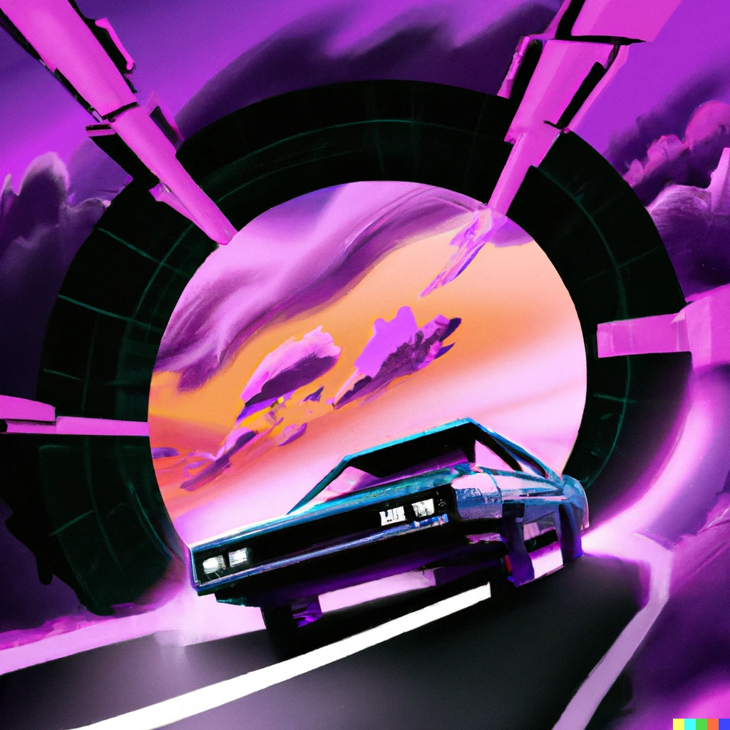 Prompt: Futuristic car from the 1980's entering a black hole, digital art in the style of vaporwave, trending on artstation