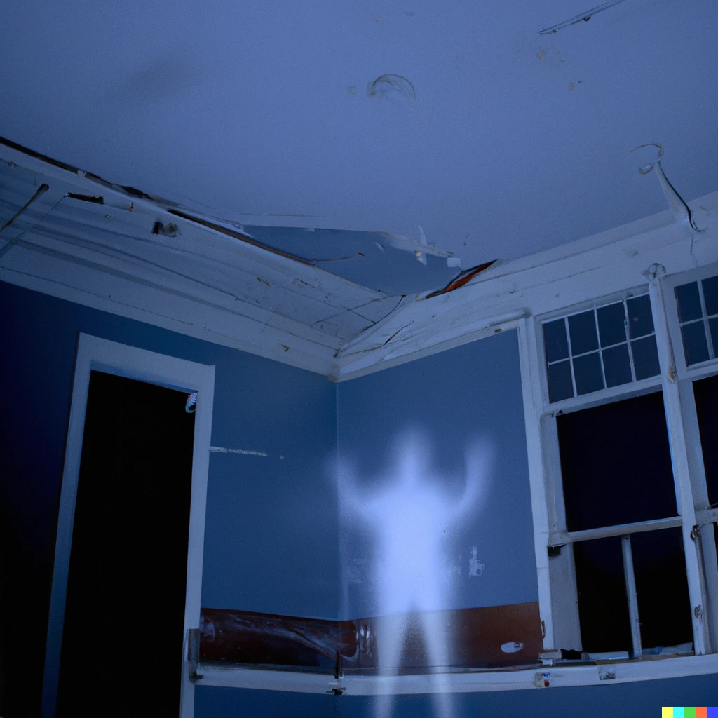 Prompt: Harsh flash photography of a shadowy ghost like figure hovering in an abandoned room.