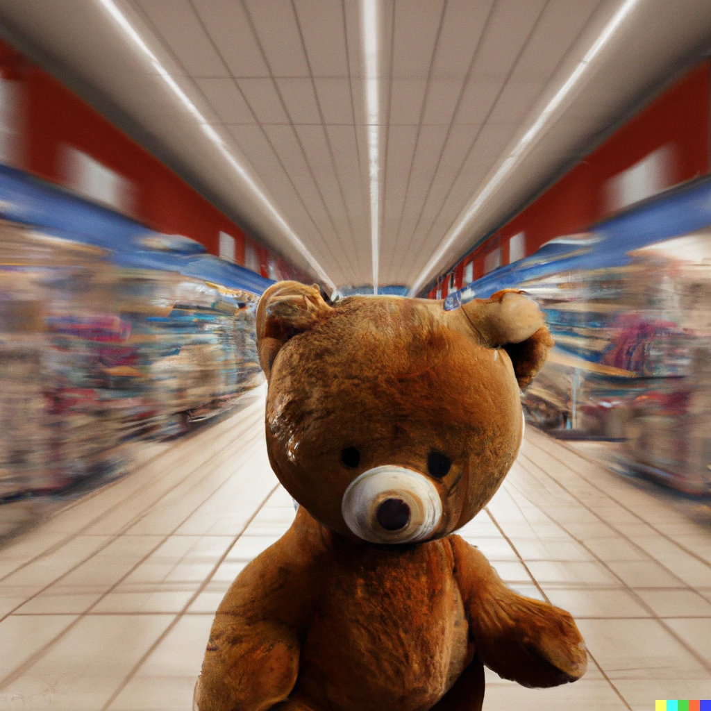 Prompt: In the foreground, a matte animated cartoon of a teddy bear, in the background, a photograph of a supermarket hallway