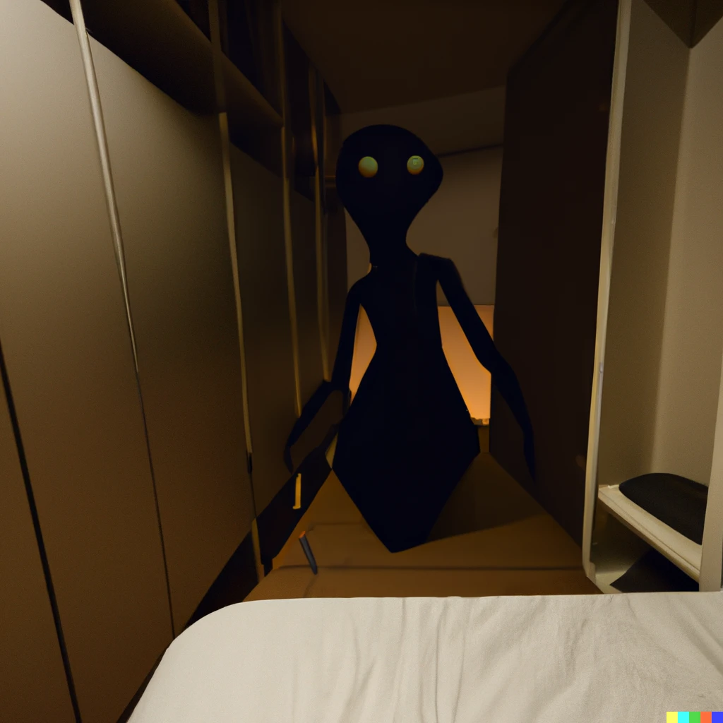 Prompt: view from a bed at night of a closet in a bedroom of a creature with long arms and a large eye on its head