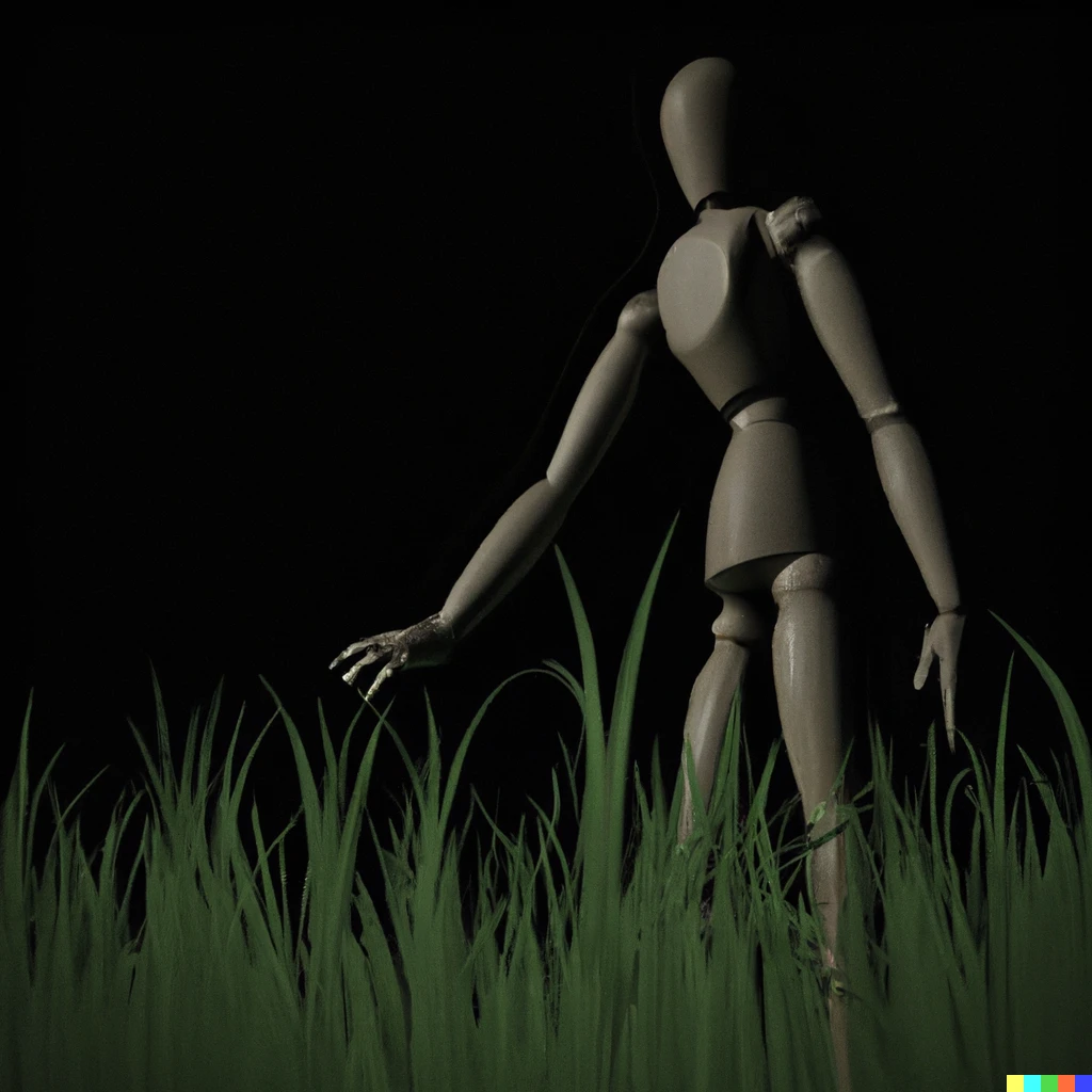 Prompt: A mannequin touching grass, digital art