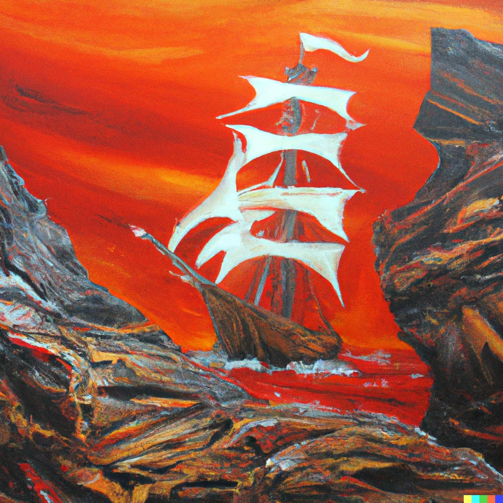 Prompt: A ship sailing on a sea of lava, oil on canvas