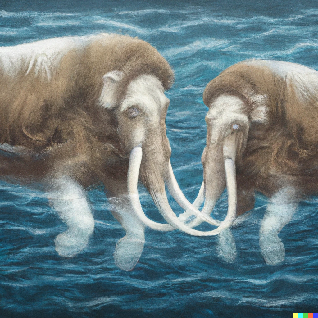 Prompt: Two Woolly Mammoths swimming in the cold water, painted in the style of John Audubon