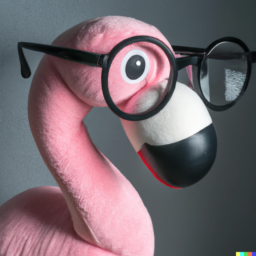 Prompt: A plush toy flamingo with circle rim glasses against a grey background, profile picture 