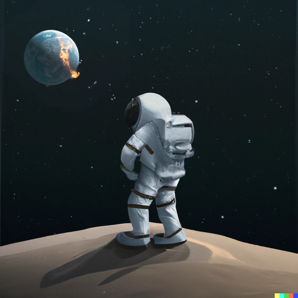 Prompt: An astronaut on the Moon looking at the earth exploding