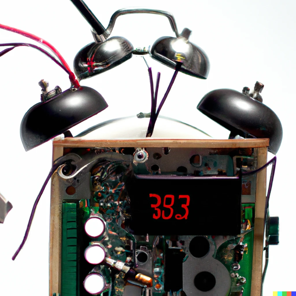 Prompt: An alarm clock that looks like it was made out of spare parts, with circuit boards and wires hanging out, photography