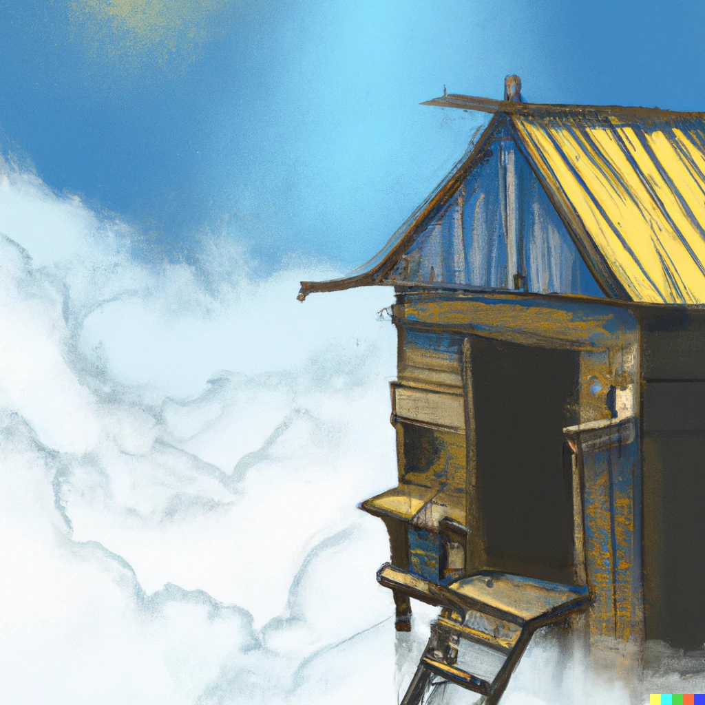 Prompt: Digital art of a cabin in the clouds