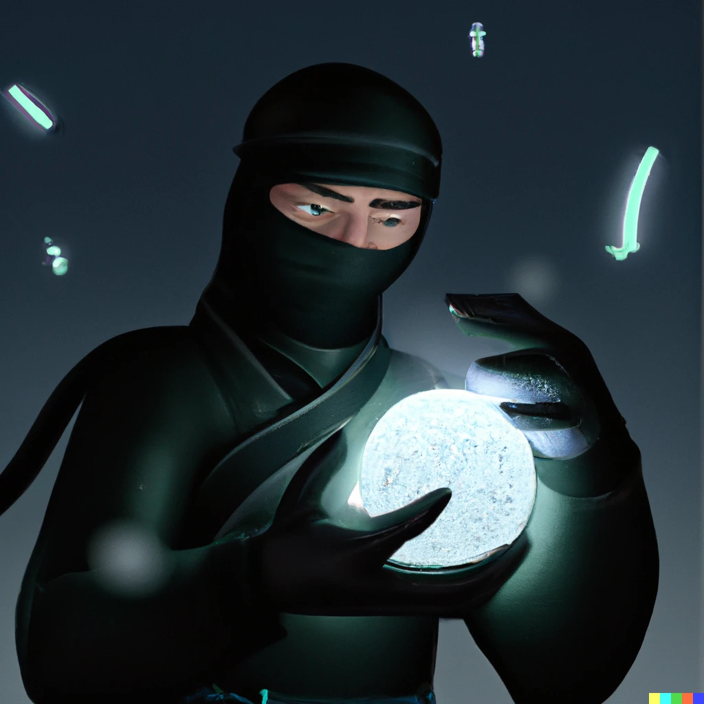 Prompt: A ninja manipulating a glowing white orb with his hands, digital art
