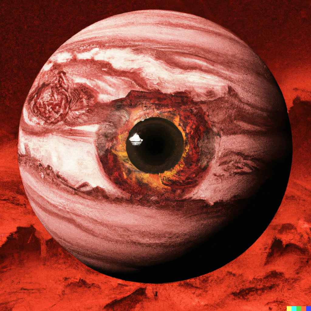 Prompt: View from space of a red planet with a single massive eye