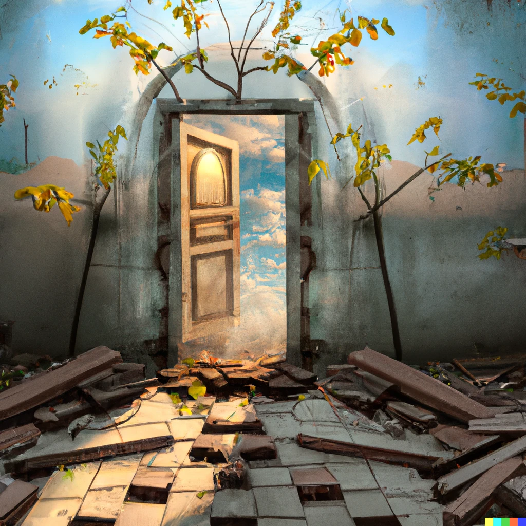 Prompt: A open door in a dilapidated building, through the door a fantasy utopia can be seen, photography